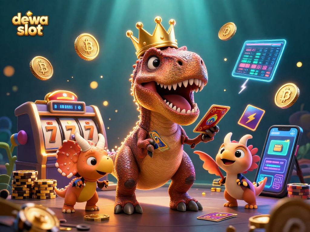 Permainan dewa slot dengan T-Rex ramah, pterodactyl, dan triceratops, menumpuk chip emas.