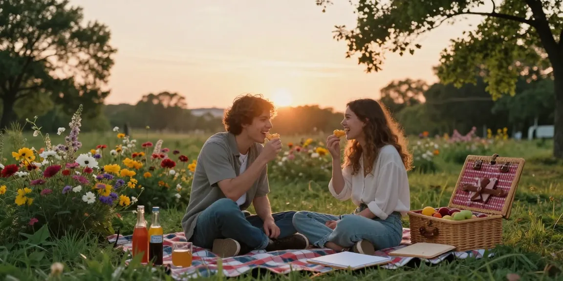 Young couple enjoying a picnic under the sunset, showcasing their crush on each other in a romantic park setting.