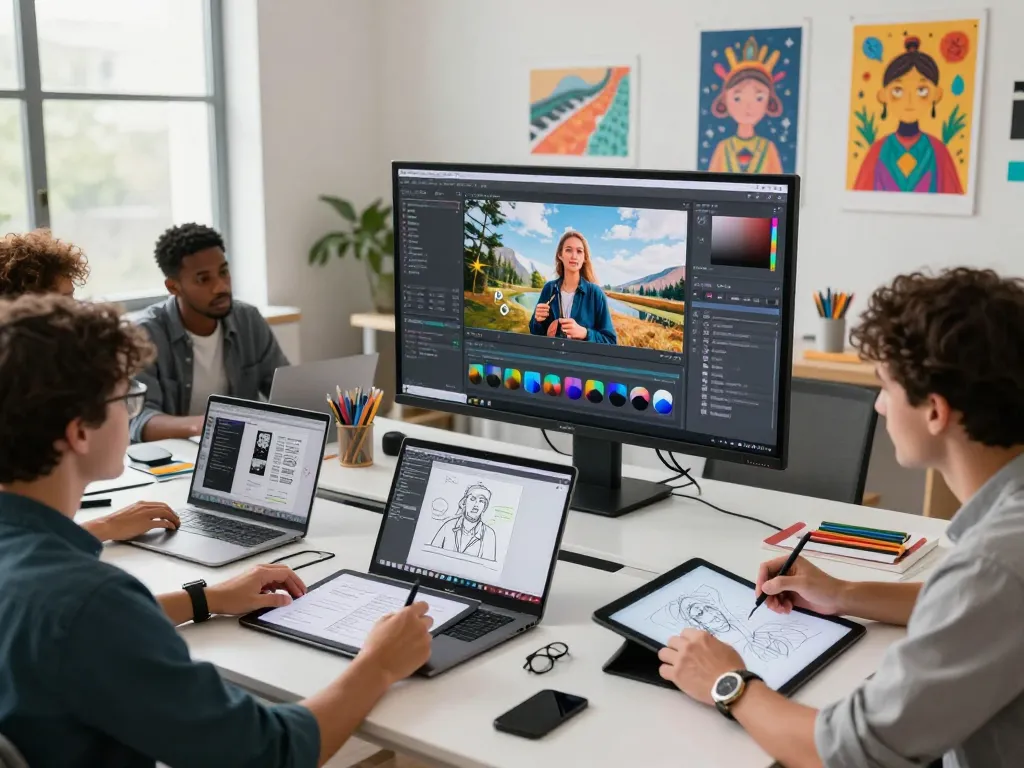 Team of digital artists using nano banana 2 in a collaborative creative workspace.