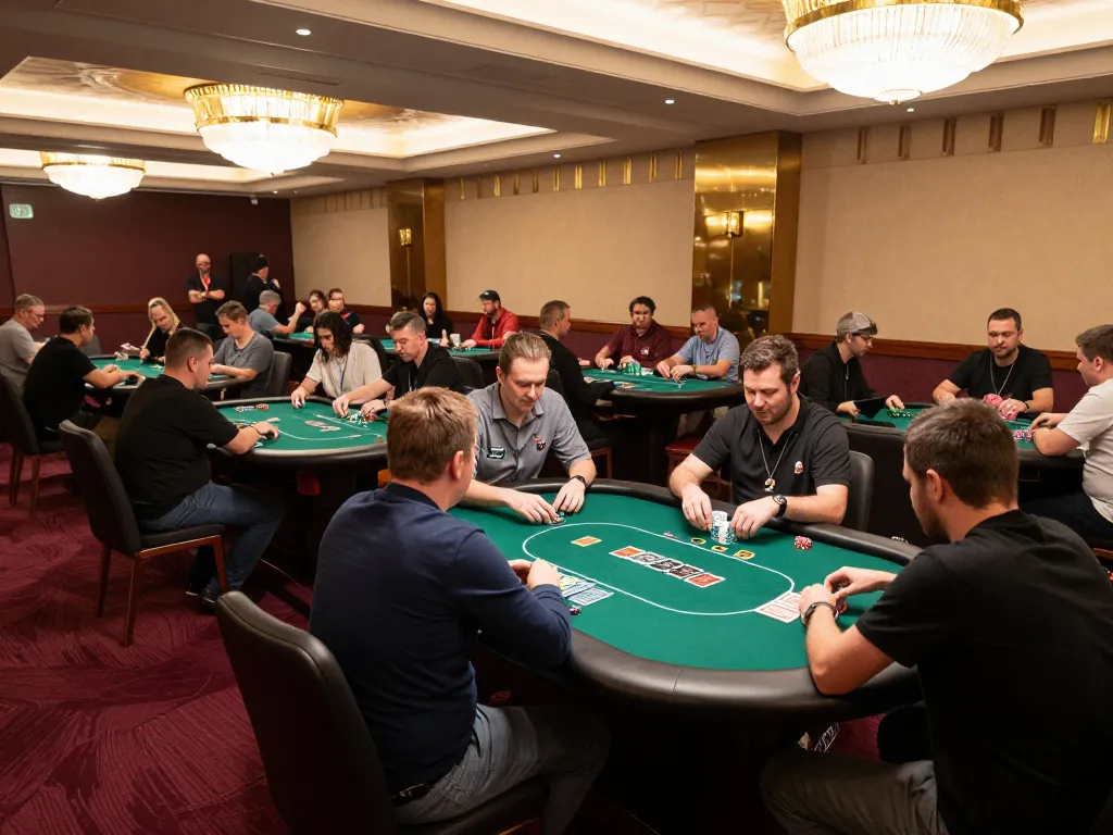 Players competing at the poker tables, engaged in strategic gameplay at amigogrillandco casino.