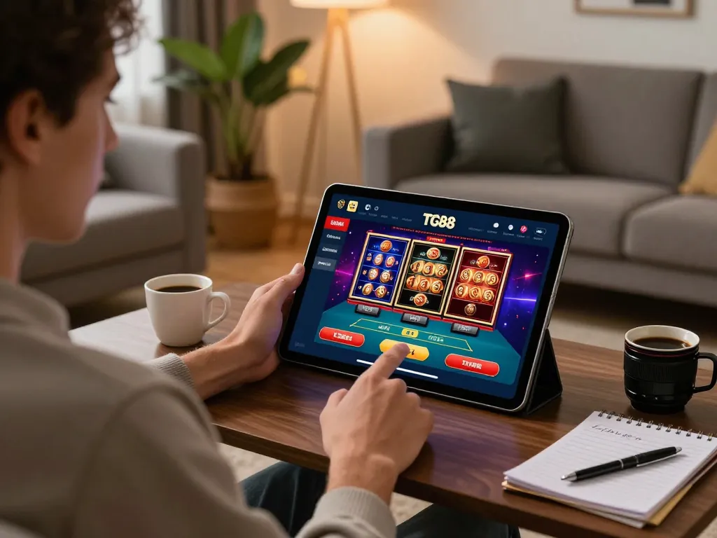 Engaging user strategically placing bets on the TG88 online casino app in a cozy home environment.