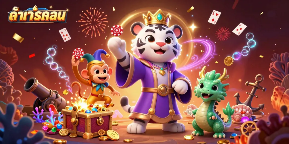 การแสดงผลเกมคาสิโนในบรรยากาศที่สดใส มีเสือและลิงกำลังเดิมพันหนังสือการ์ด