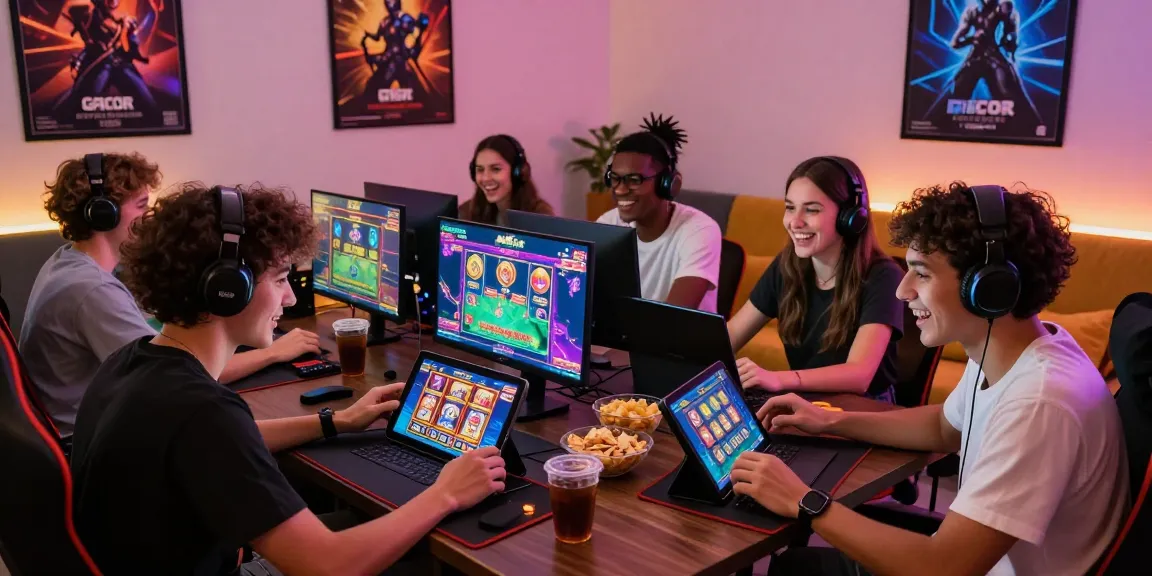 Friends enjoying slot gacor games in a cozy gaming setup