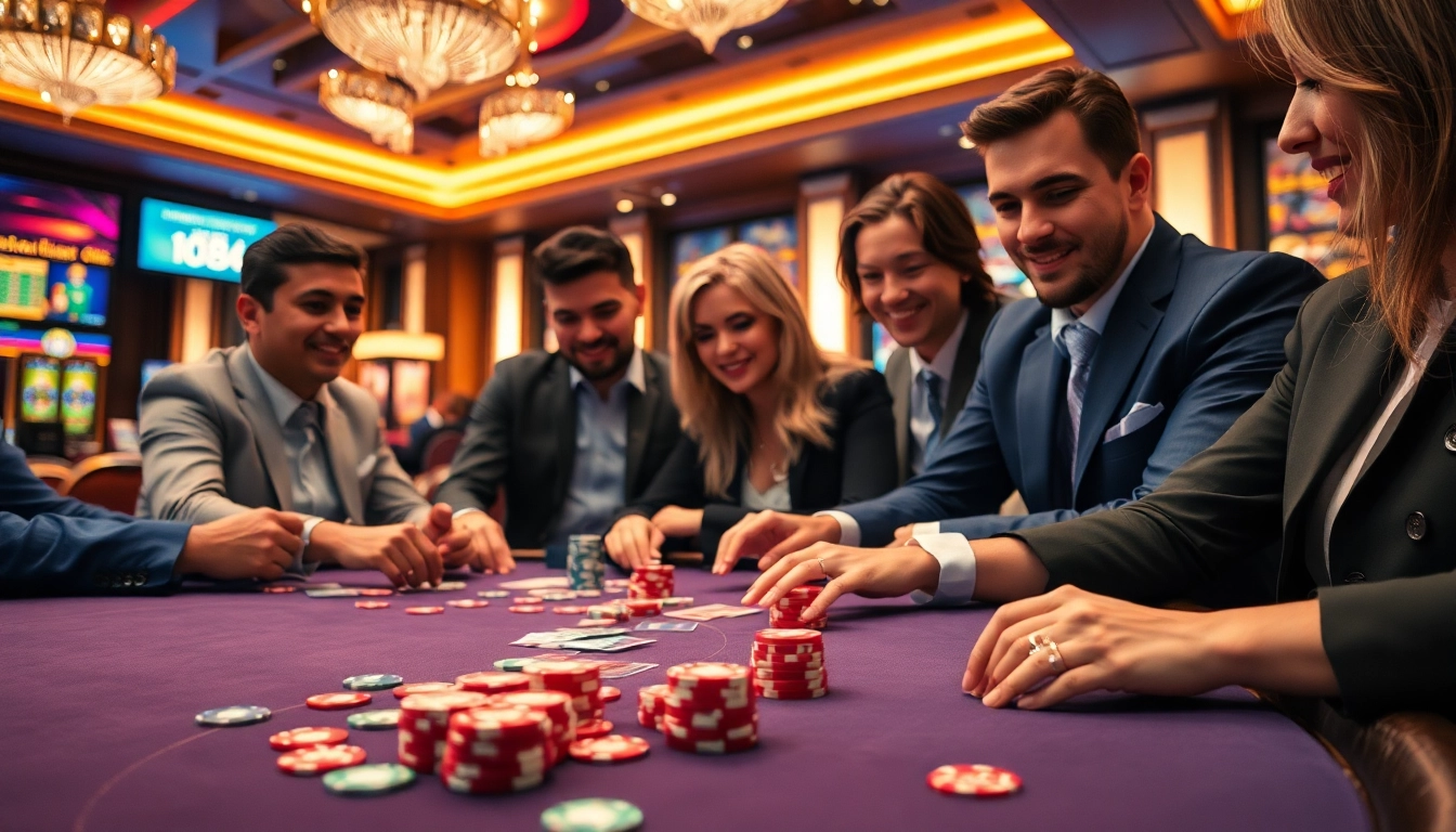Spiele von casino-spiele de auf einem stilvollen Casinotisch mit Spielern und bunten Chips.