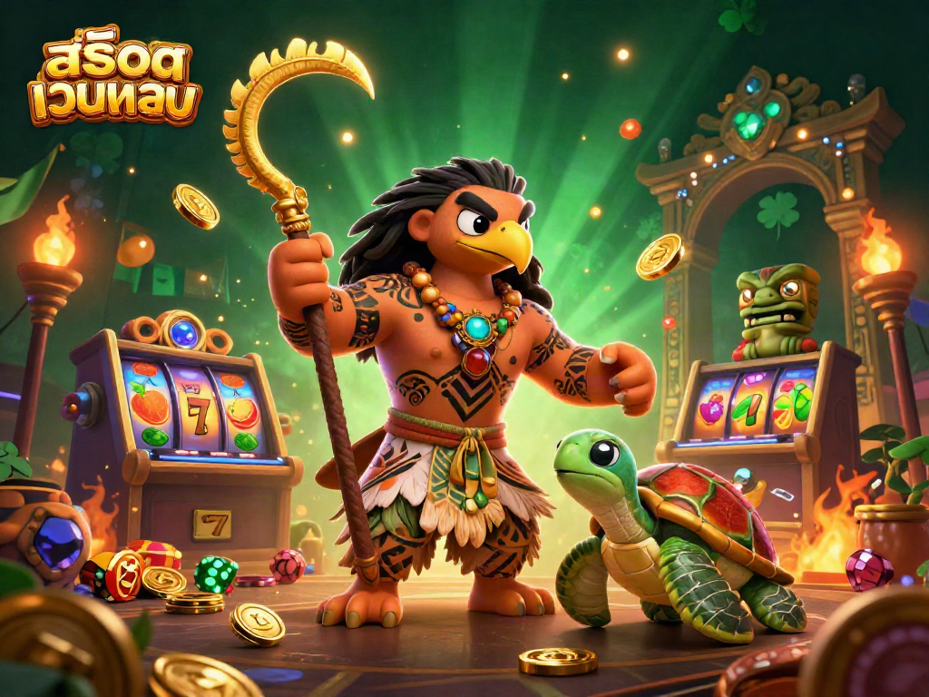 Engage in สล็อตเว็บตรง casino adventures with a colorful 3D scene packed with lucky symbols and vibrant characters.