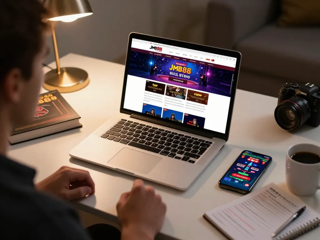 Engaging online gambling experience with jmb88 on a laptop, showcasing a player immersed in strategy.