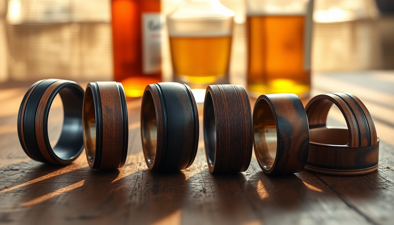 Showcasing Whiskey Barrel Wedding Bands with unique wood grains in a rustic setting.
