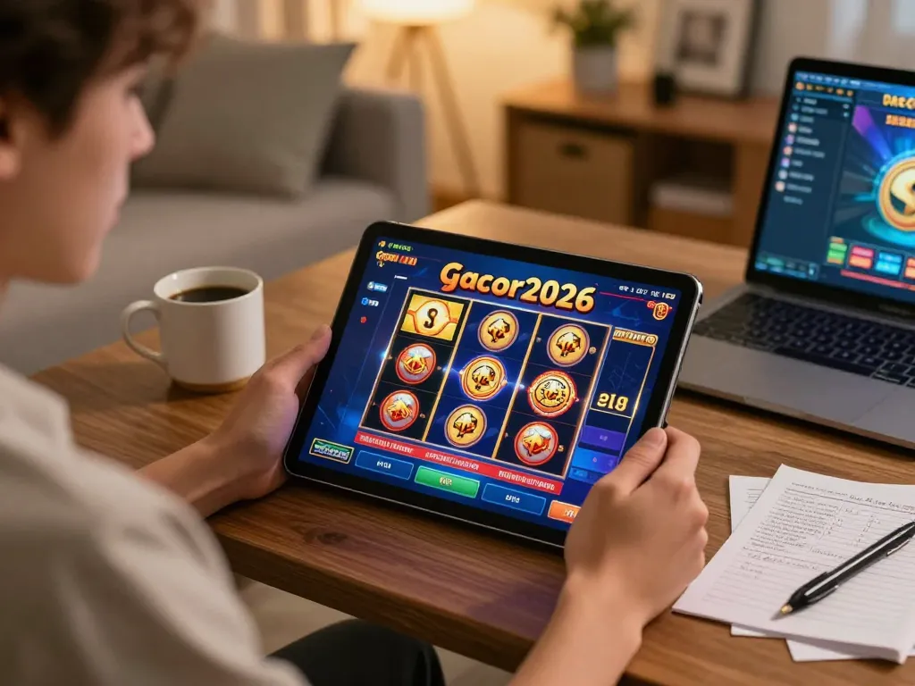 Engaging in slot-gacor2026 gameplay on a tablet while enjoying a comfortable home setting.