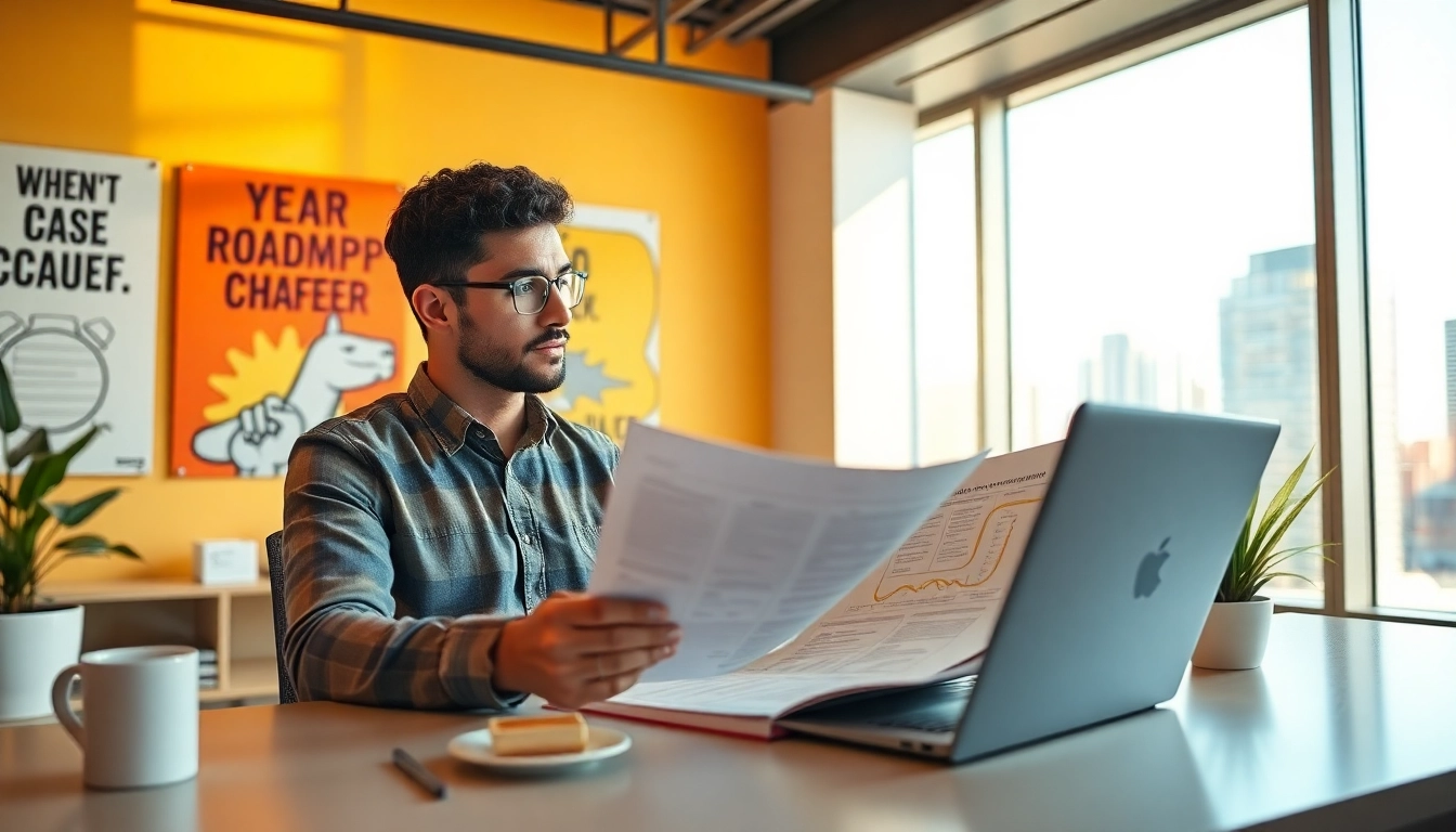 Find my true calling as a thoughtful professional reviews a career roadmap in a sunlit office.