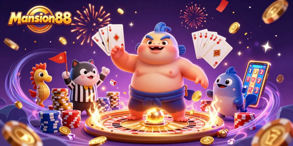 Mansion88 brings excitement with a vibrant underwater casino scene featuring a fugu sumo wrestler and whimsical characters.
