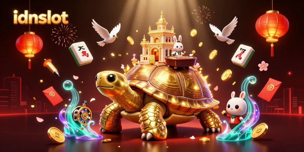 Spin the reels with idnslot, featuring a giant tortoise casino and a rabbit dealer in a vibrant scene.