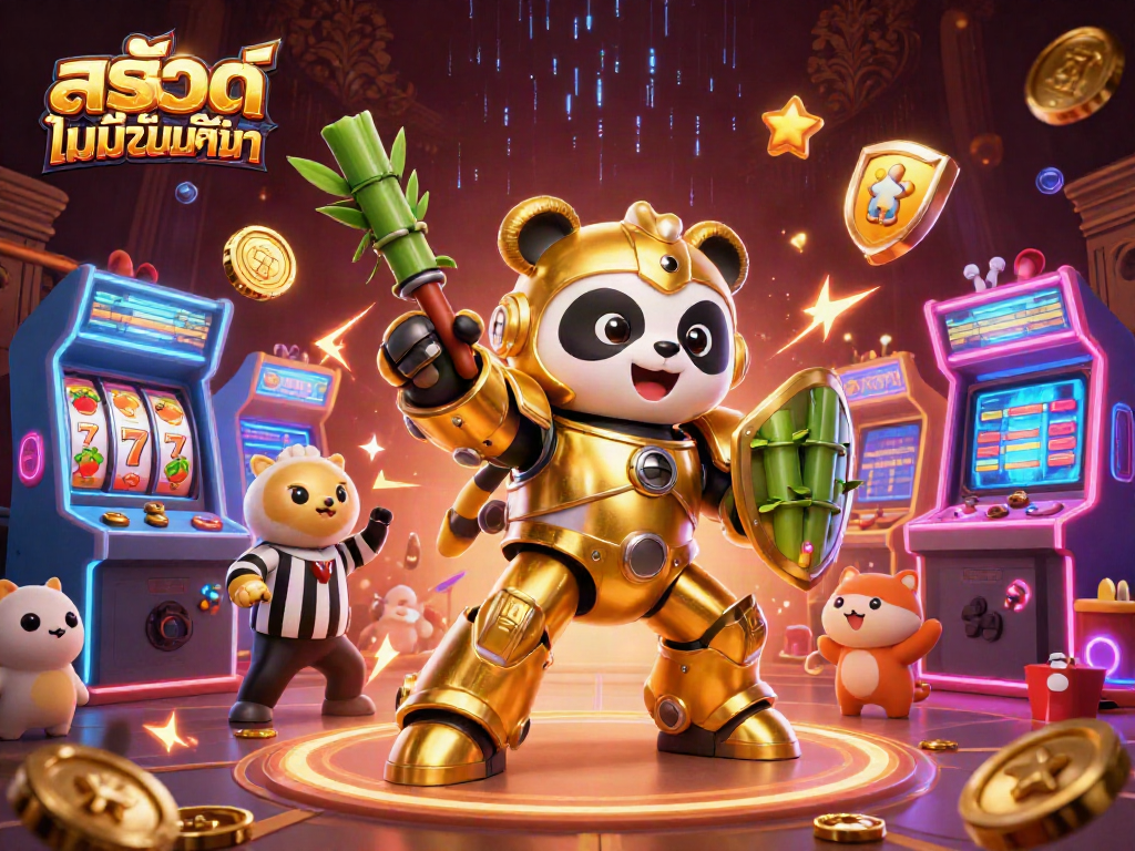 Experience สล็อตไม่มีขั้นต่ำ with an energetic scene of a golden panda in a dynamic casino setting.