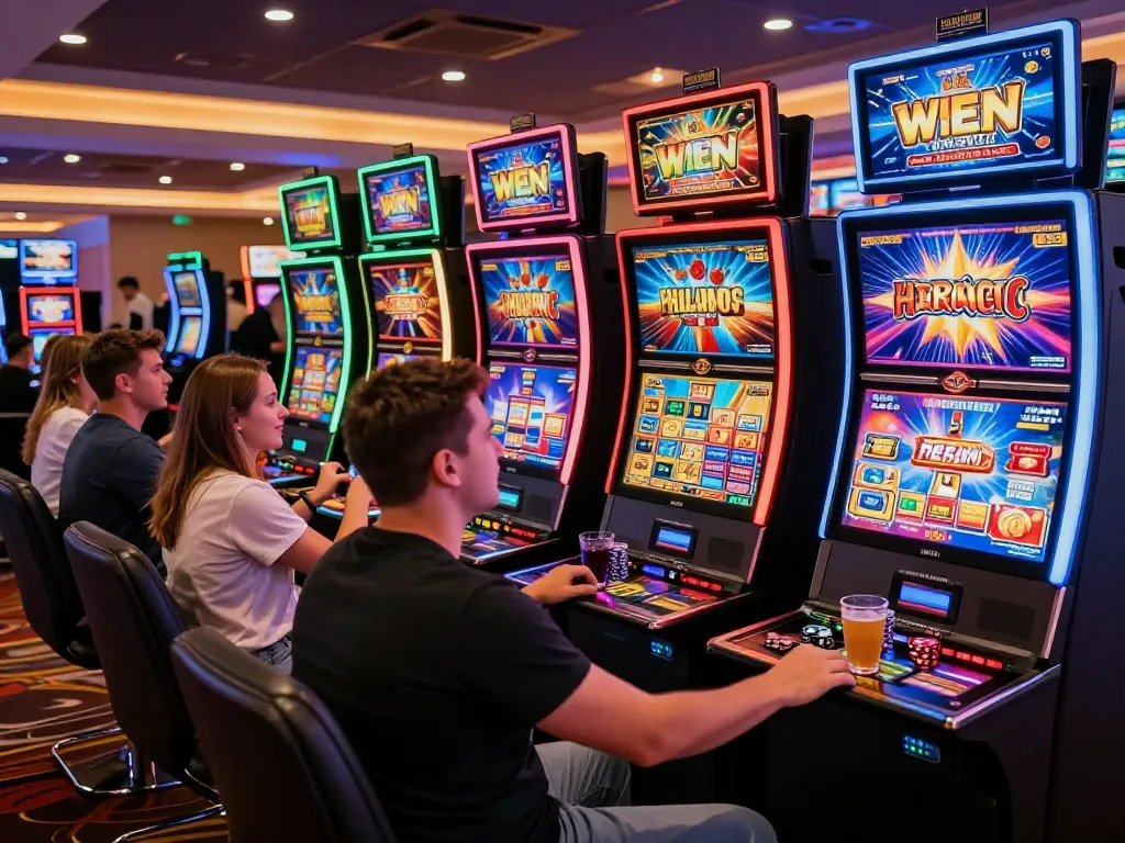 Engaging gaming atmosphere at situs slot gacor with players at colorful slot machines.