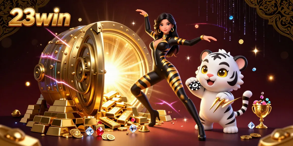 Experience thrilling gaming action at 23win with vibrant graphics and dazzling treasures in a 3D casino scene.