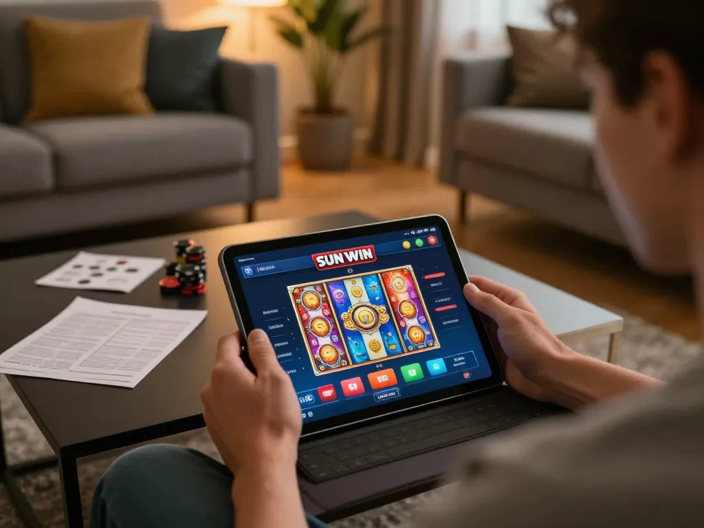 SUN WIN online gaming scene with a player engaging in slots on a tablet in a cozy home setting.