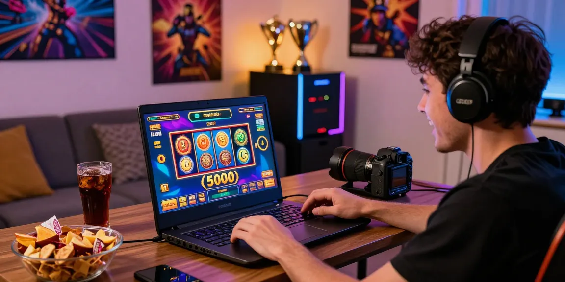 Engaged player experiencing slot deposit 5000 excitement at home with colorful game graphics.