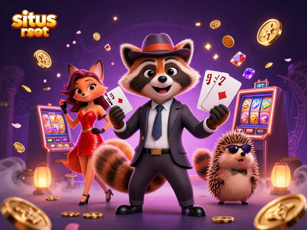 Experience situs slot resmi with a suave raccoon, a charming fox, and a bouncer hedgehog in a lively casino scene.