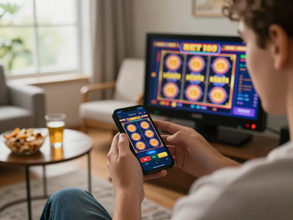Engaging in slot kamboja bet 100 gameplay on a smartphone within a cozy home setting.
