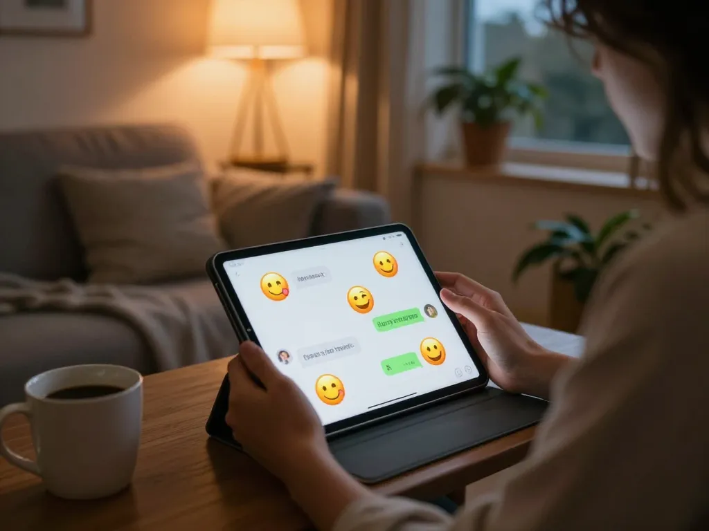 Engaging in sex chat ai on a tablet in a cozy home setting.