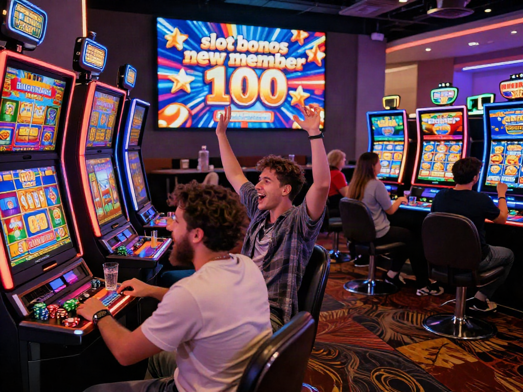 Excited players celebrating their wins with slot bonus new member 100 promotion in vibrant casino atmosphere.