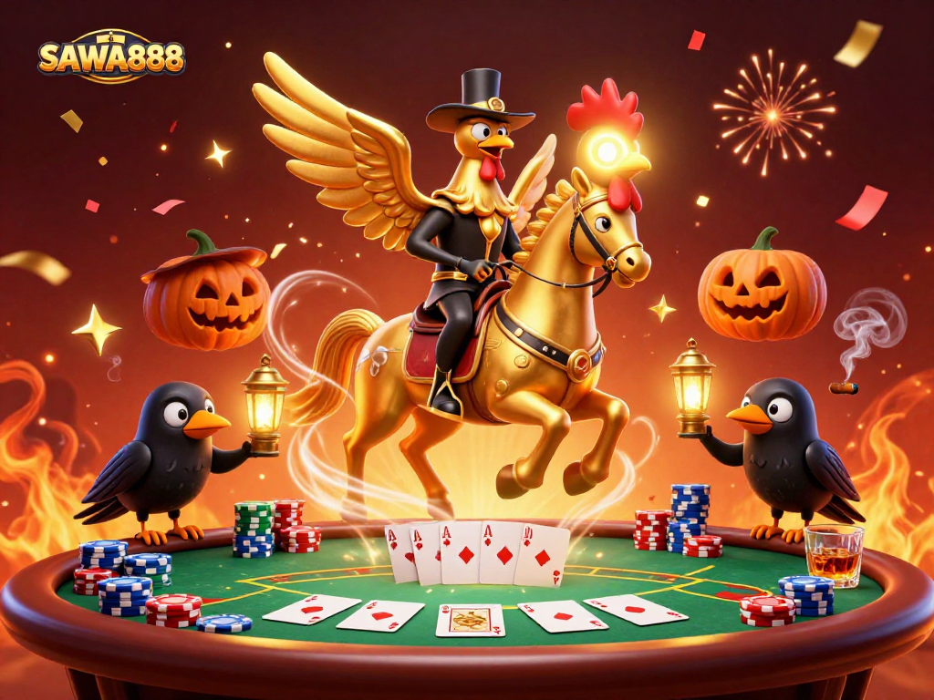 Experience exhilarating gaming at SAWA888 with a golden rooster and crow companions in a thrilling casino scene.