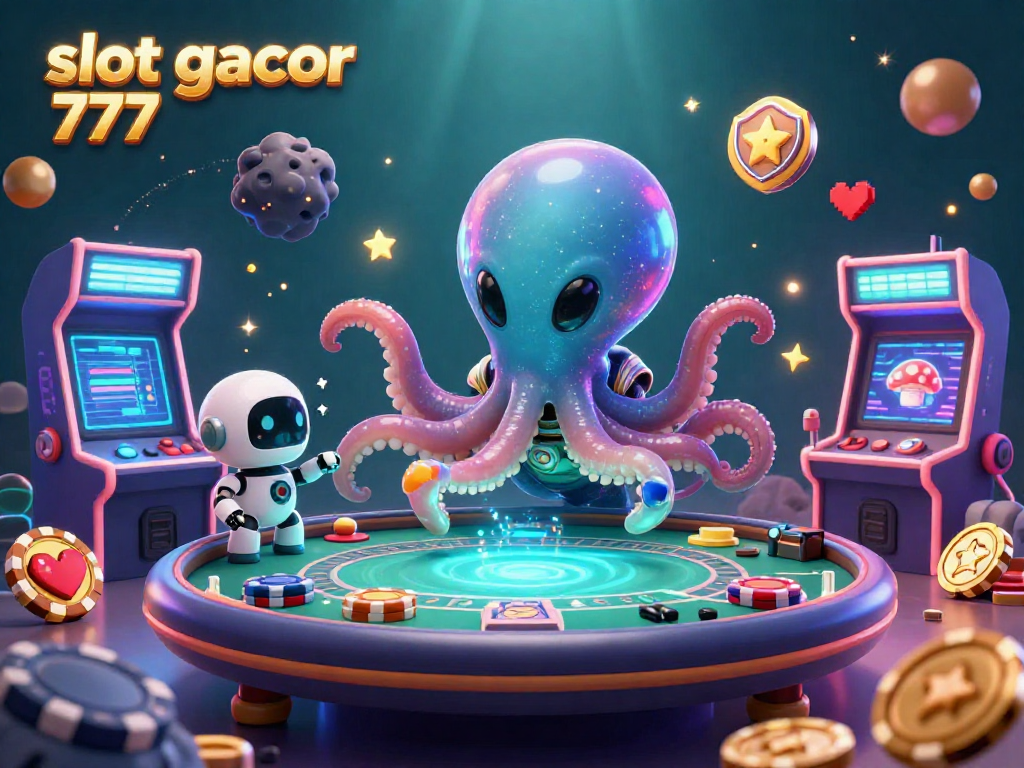 Experience the excitement of slot gacor 777 with alien characters at a holographic poker table surrounded by vibrant casino elements.