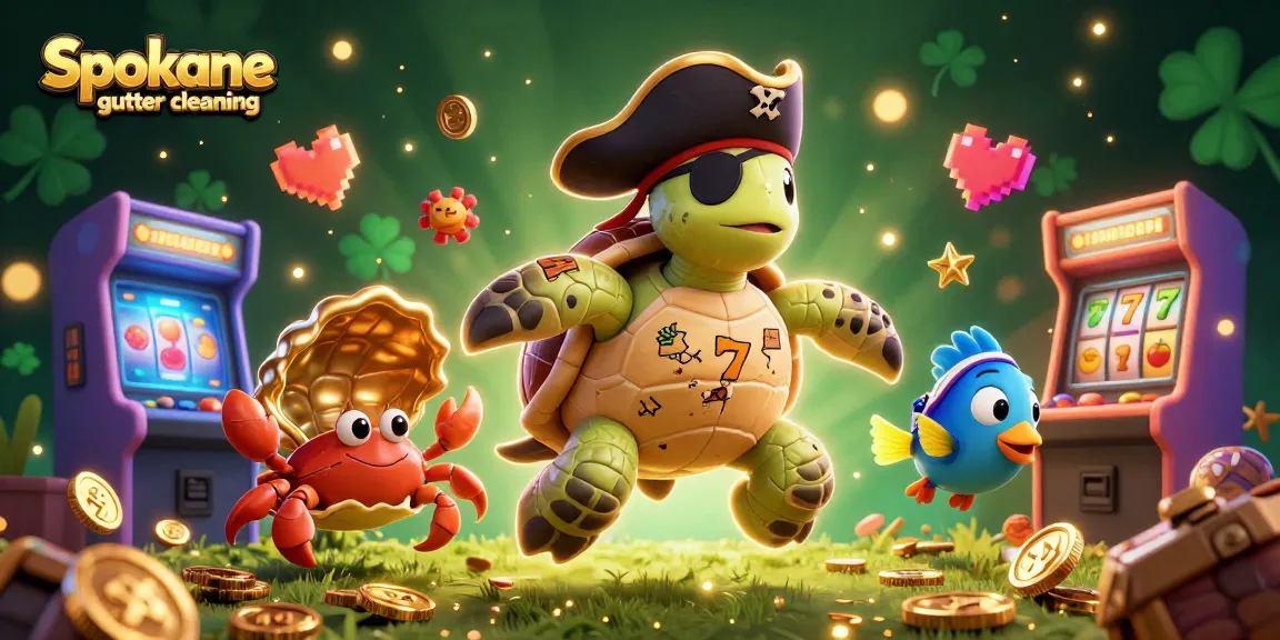 Experience Spokane gutter cleaning action with a 3D pirate turtle and golden treasures in a vibrant casino scene.