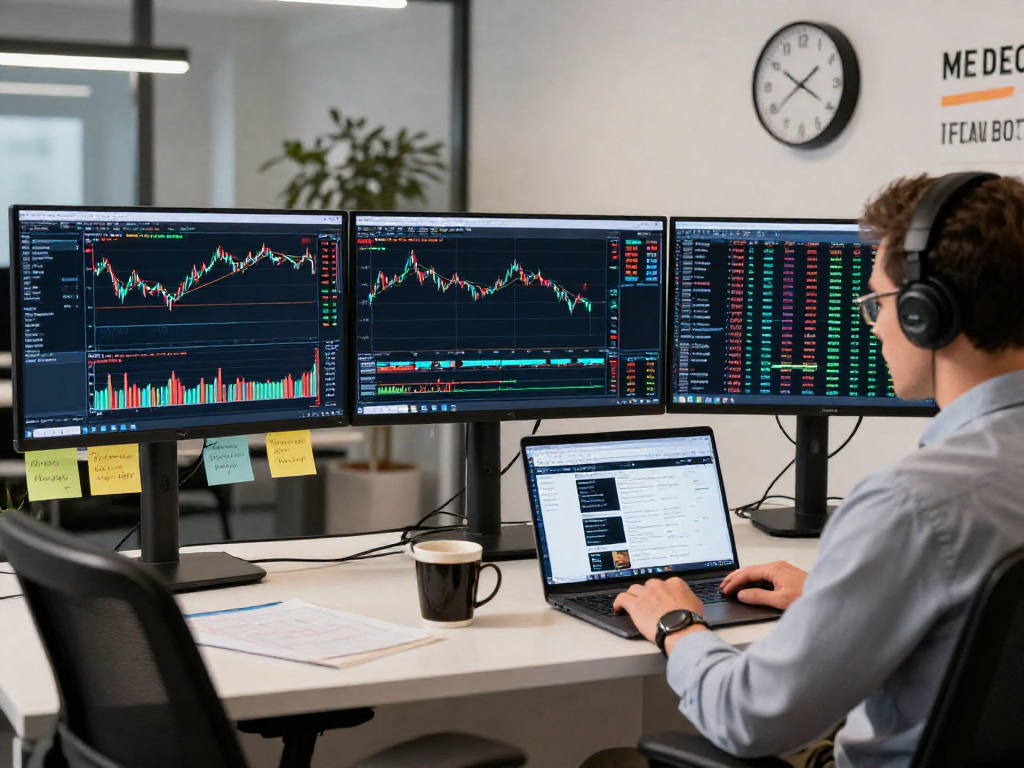 MetaTrader 5 交易平台工作空间，交易者使用多屏显示器分析市场，专业氛围营造出高效交易环境。