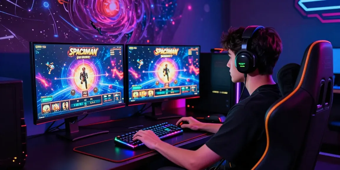 Spaceman player immersed in futuristic online slot gaming environment with vibrant graphics and gaming accessories.