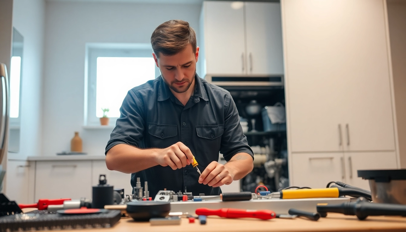 Technician performing BOSCH dishwasher repair in a bright kitchen.