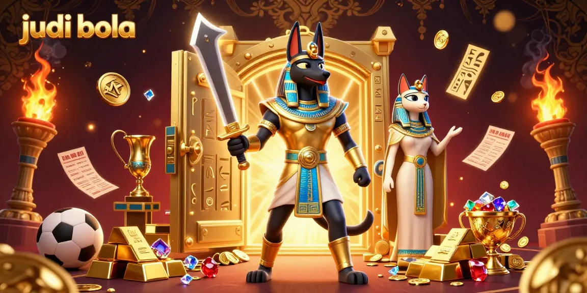 Experience exciting judi bola betting action in a dynamic scene with ancient characters and golden treasures.