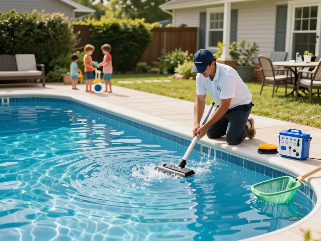 Dolphin Pool Services pool technician performing maintenance in a sunny Virginia backyard with vibrant surroundings.