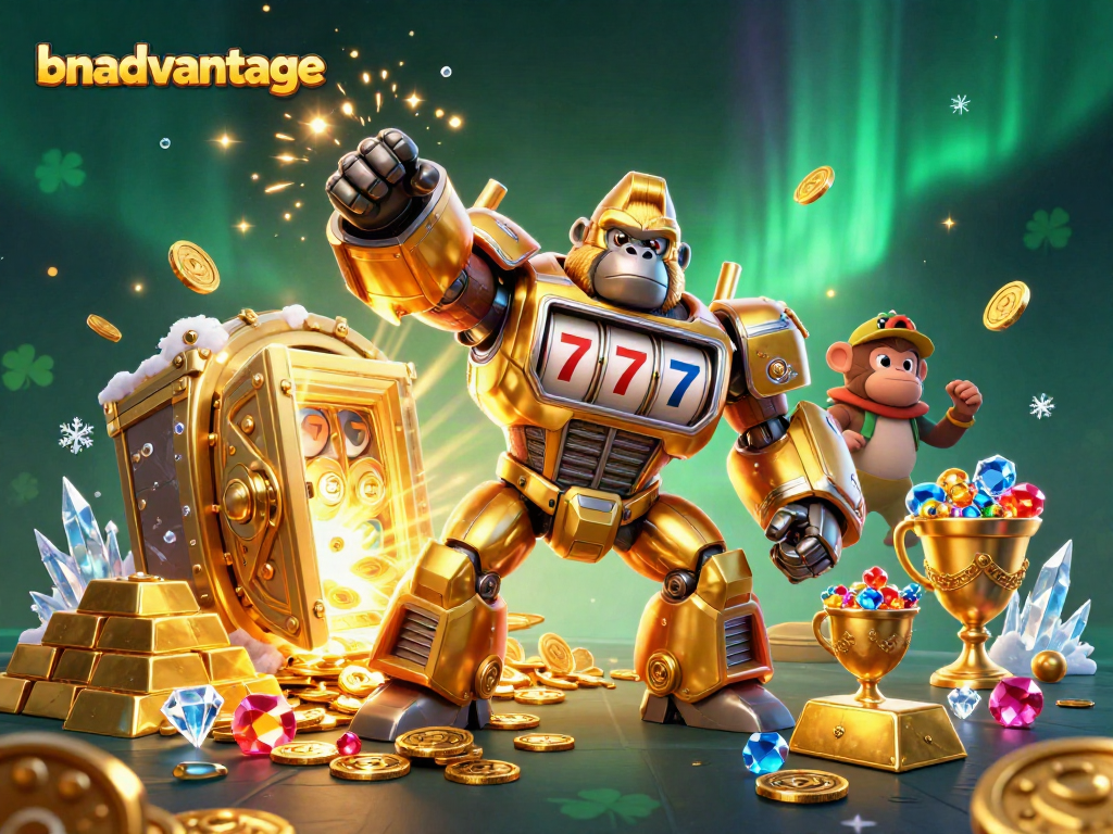 Experience the excitement of gambling with bnadvantage, featuring vibrant 3D casino elements and a dynamic golden gorilla mech.