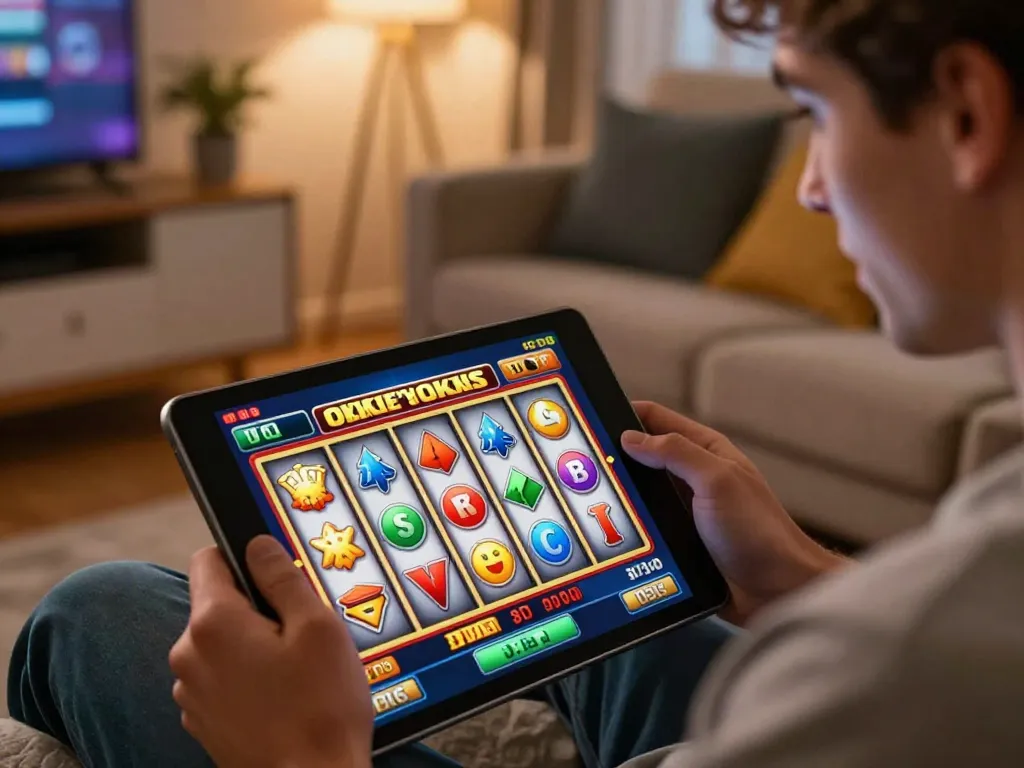 Player enjoying online slots on a tablet at home, highlighting the immersive gaming experience with c168 interface.