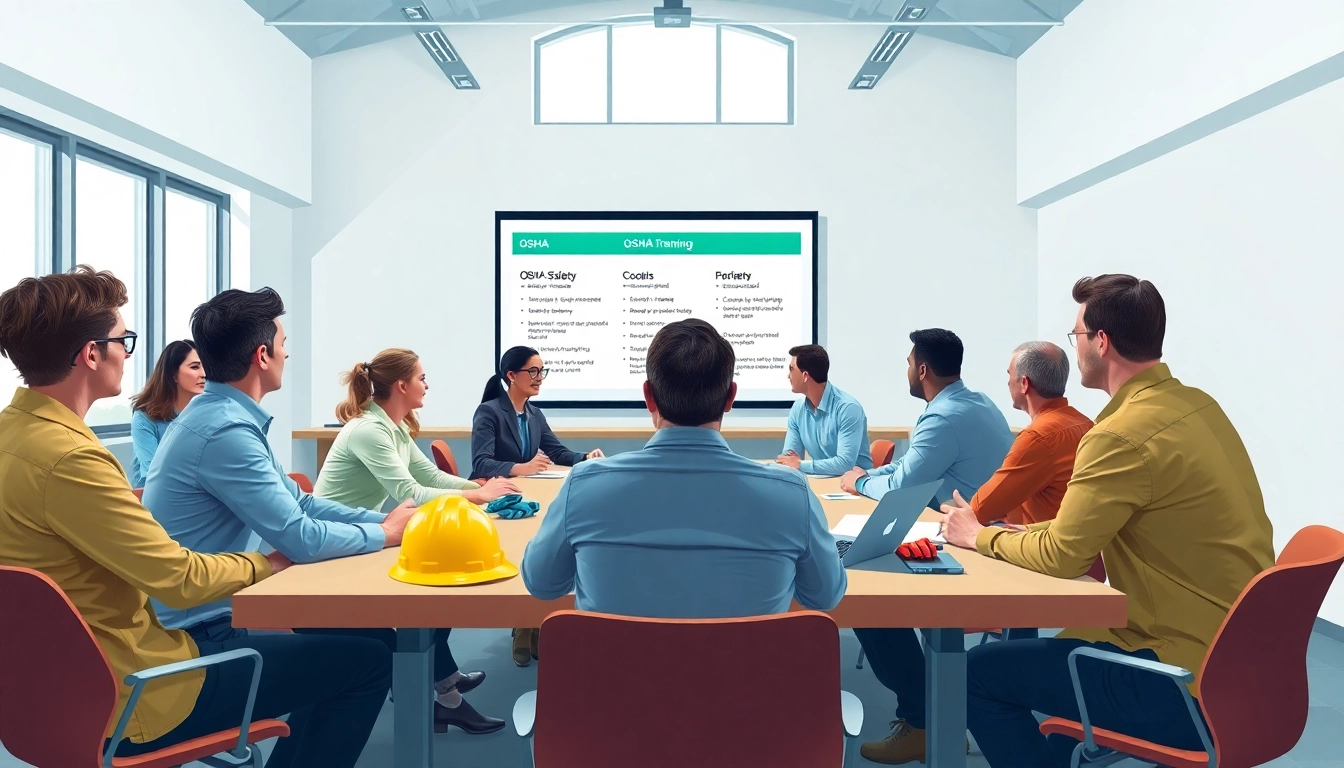 Engaged participants in OSHA training carolinas discussing safety protocols in a modern classroom.