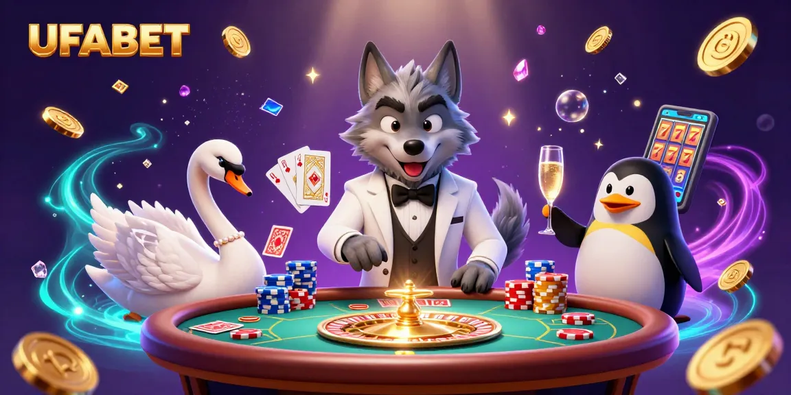Experience the excitement at UFABET with a vibrant 3D casino scene featuring a debonair wolf, an elegant swan, and a penguin sommelier.