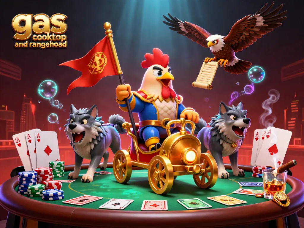 Engage in thrilling gameplay with a gas cooktop and rangehood as a centerpiece amidst a vibrant poker scene.