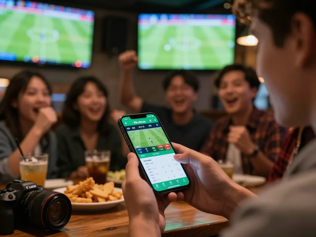 Placing live bets using the Kèo nhà cái 5 app during a football match at a busy sports bar.