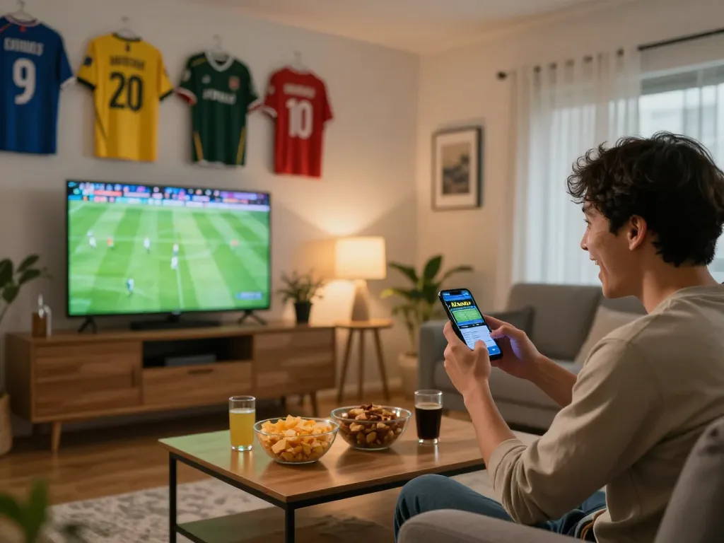 Kqbd hôm nay sports betting scene with person engaging on mobile app while watching live match