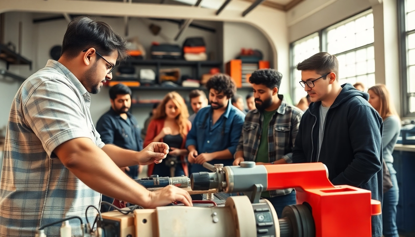 Students in skilled trades training interactively learning in a vibrant workshop environment.