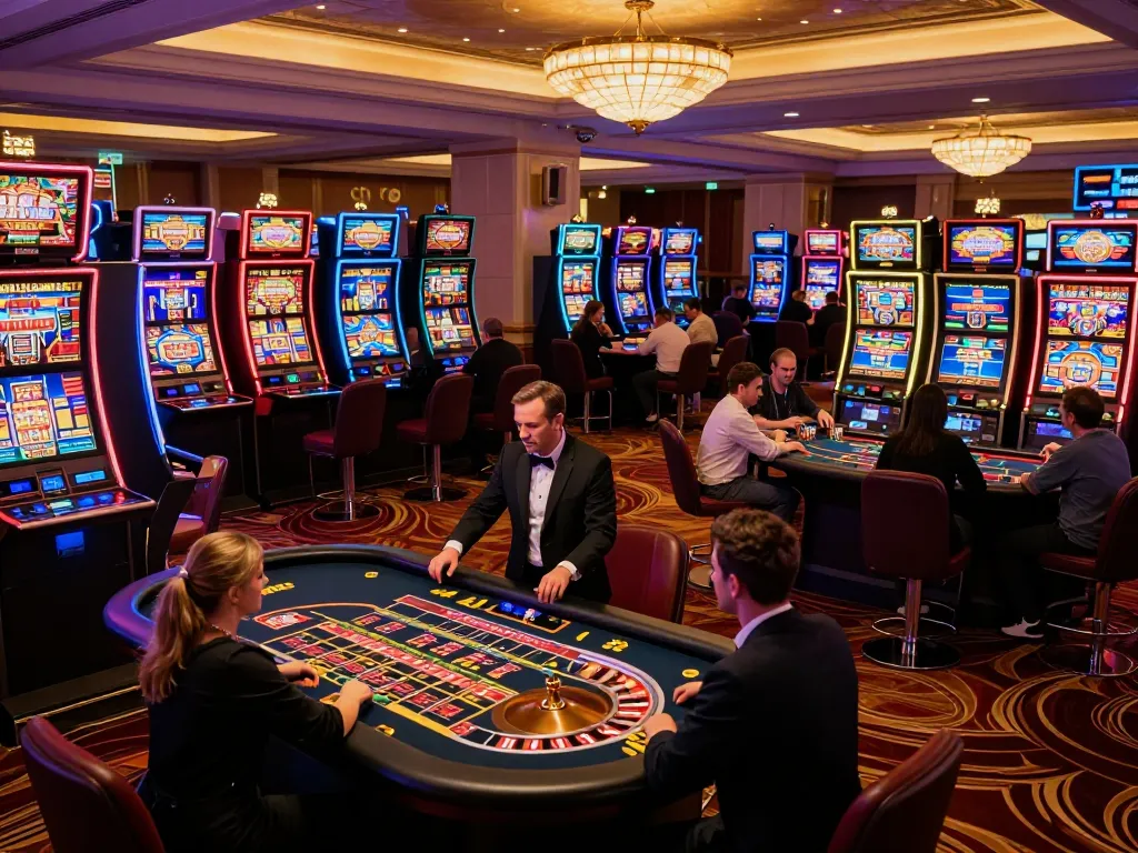 Exciting gameplay on open88 trang chủ with lively slot machines and a dynamic roulette table in a luxurious casino.