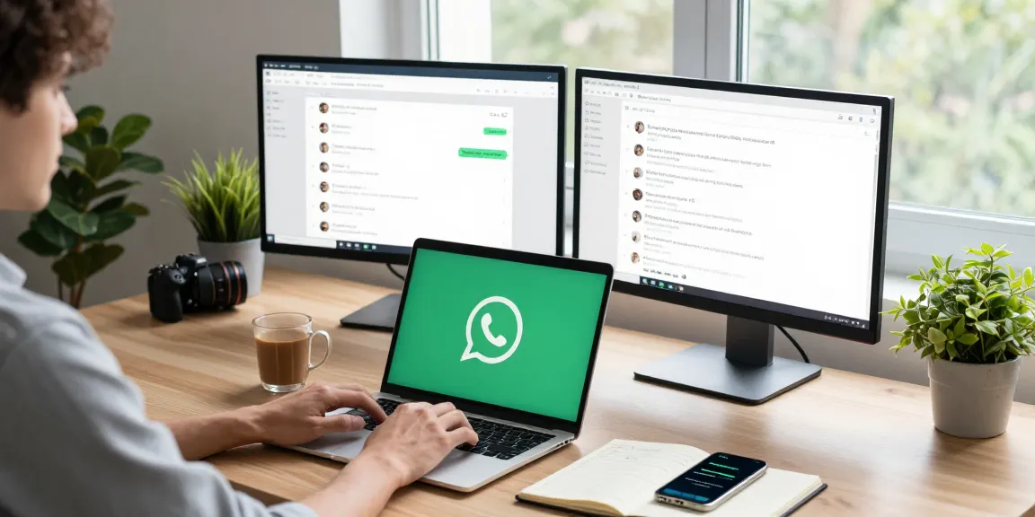 A user accessing WhatsApp電腦版 on a modern workspace with multiple monitors and a laptop.