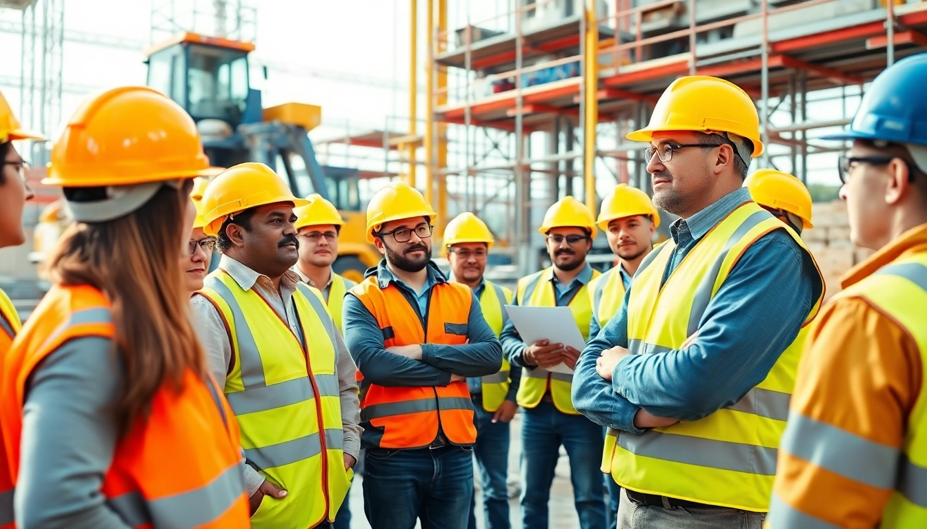 Engaging construction site safety training with workers learning essential safety protocols.
