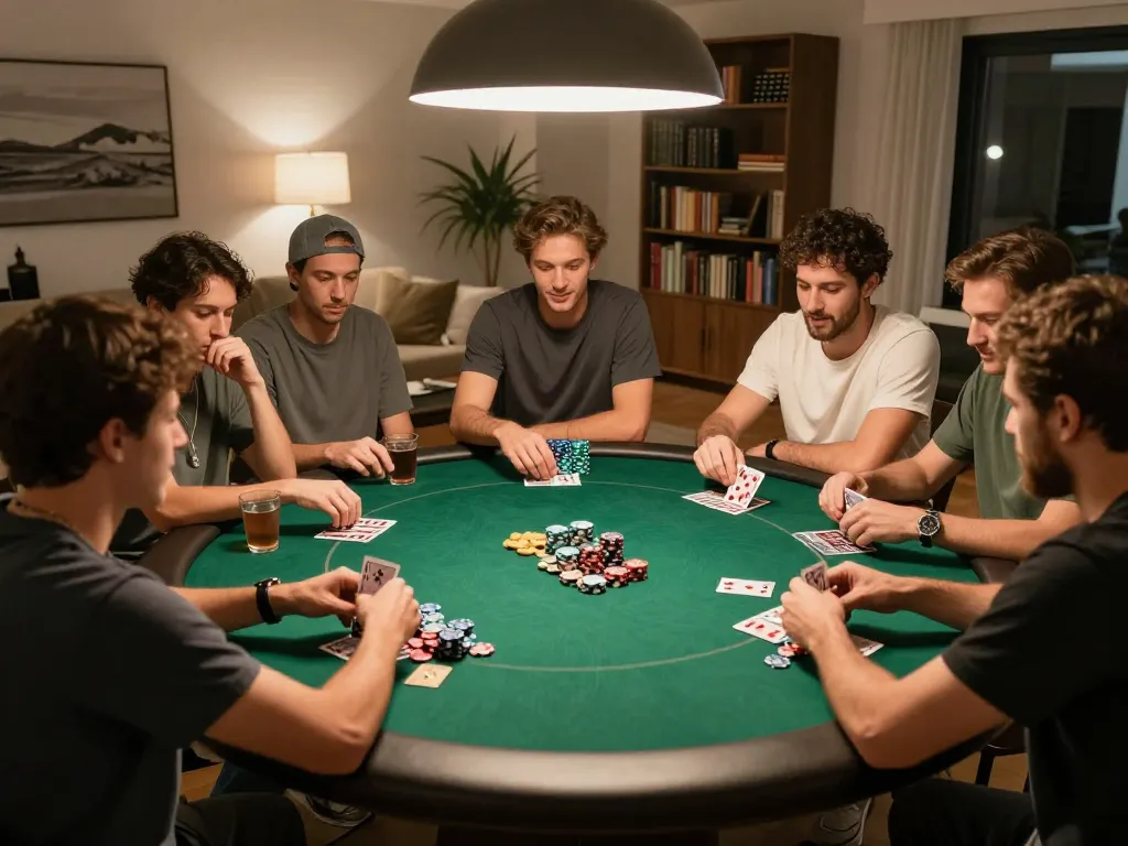 Exciting home poker night at kubet, friends engaged around a modern table in heated Texas Hold'em game.