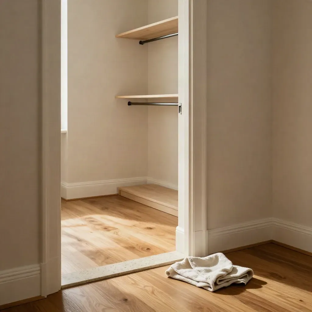 Empty bedroom mid-cleaning with polished floors, wiped closet shelf and soft morning haze.