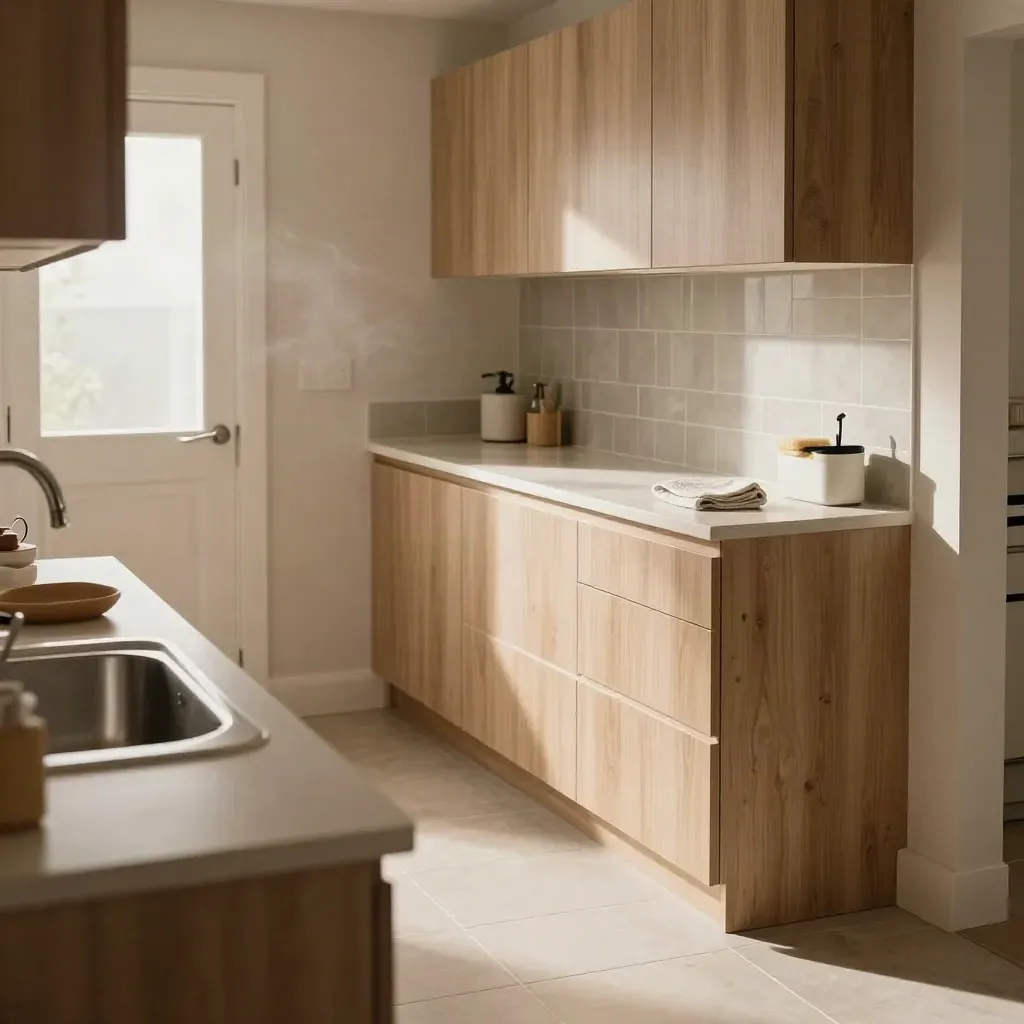 Bright rental kitchen and bath with gleaming fixtures, cleared counters, and swept floors ready for handoff.