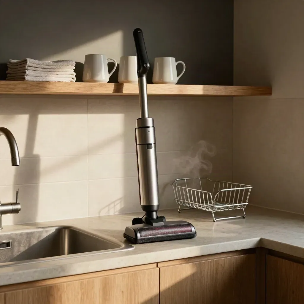 Freshly cleaned kitchen corner with mugs, towels, sink, and parked vacuum in warm morning light.