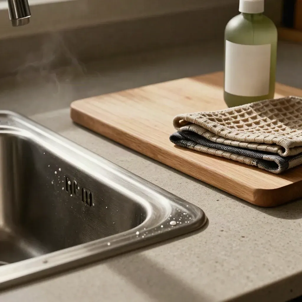 Macro of a sanitized kitchen sink, counter, cloths and spray bottle in moody low light.