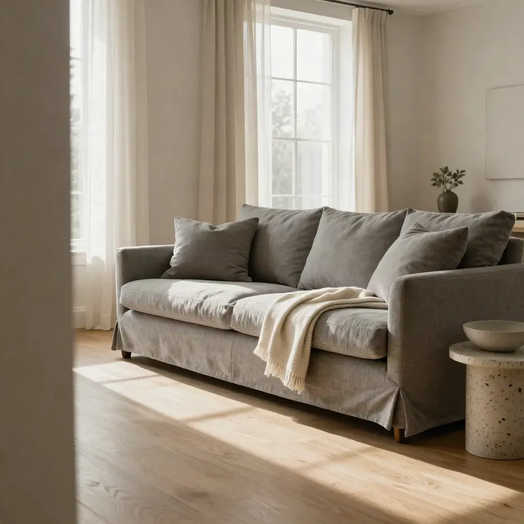 Clean living room with aligned cushions, gleaming floorboards, and sheer curtains in soft daylight.