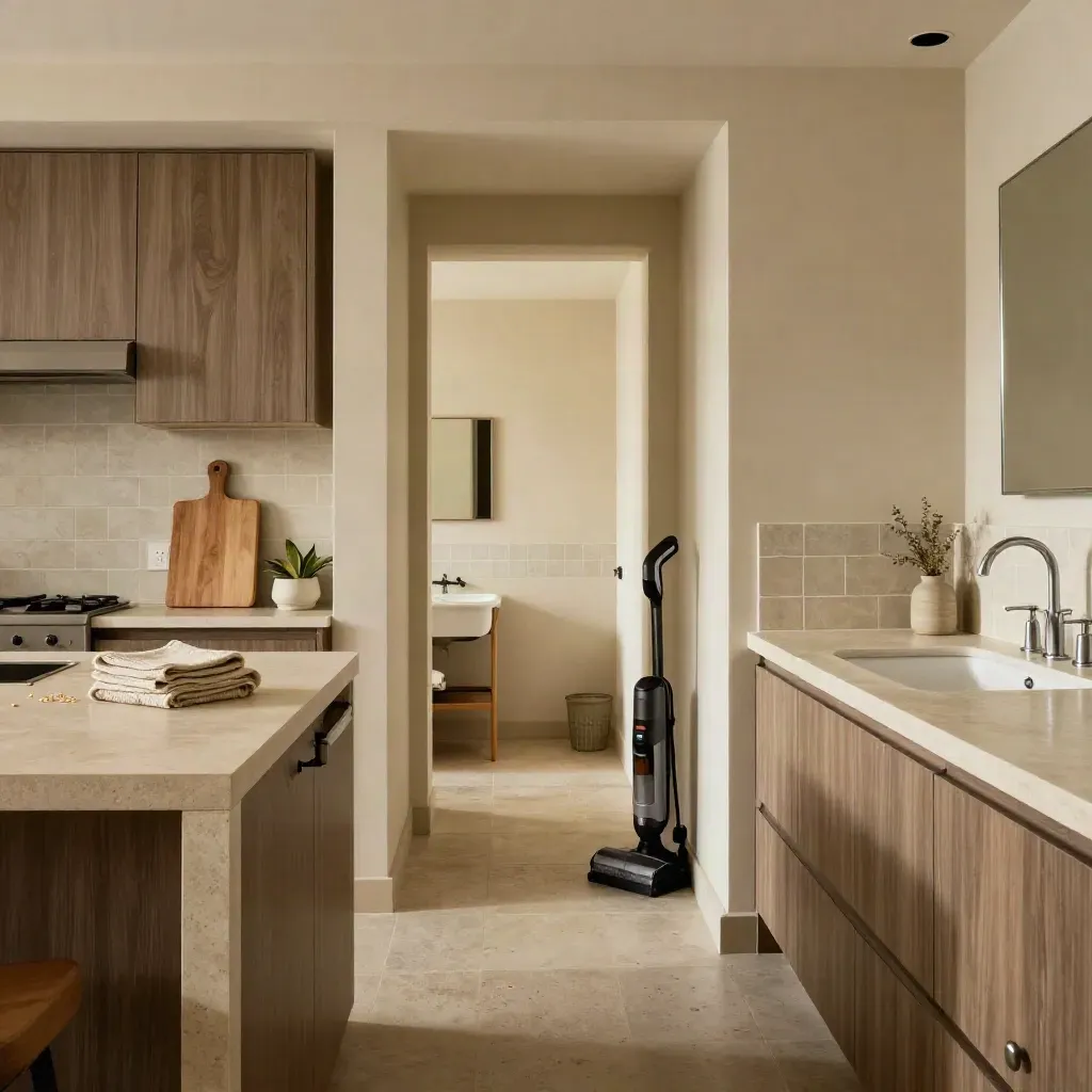 Clean kitchen and bath scene with towels folded and vacuum parked in a hallway.